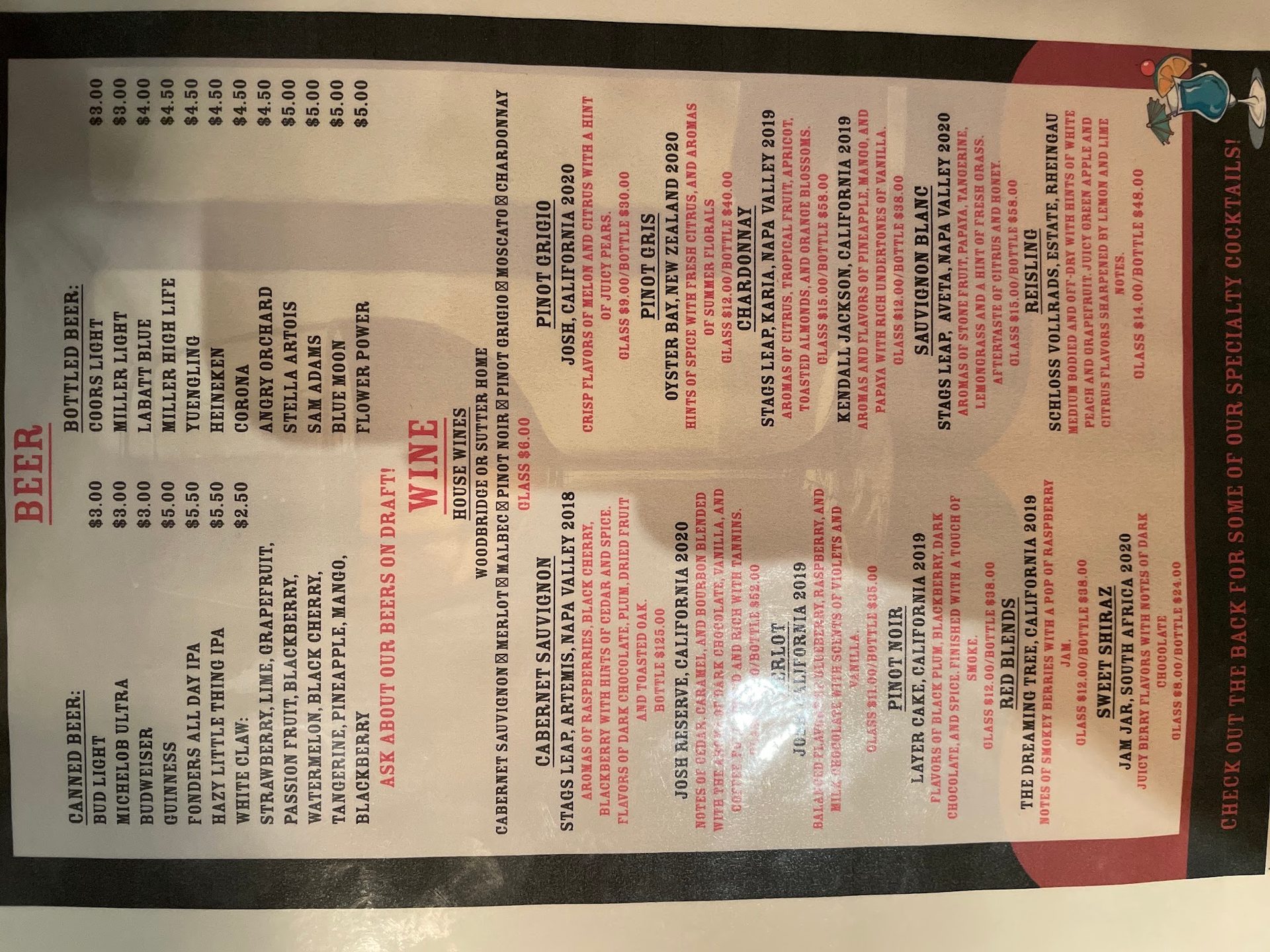 Beer and wine list
