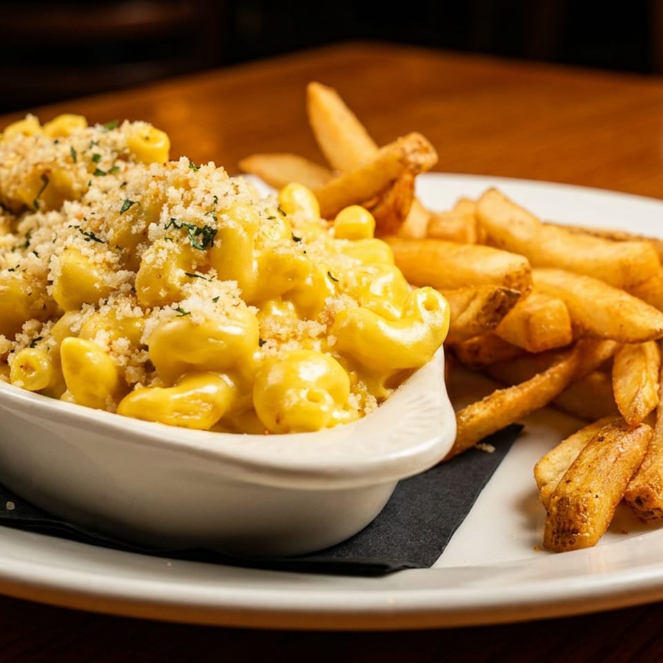 Creamy mac and cheese topped with breadcrumbs and herbs, served with a side of golden french fries.